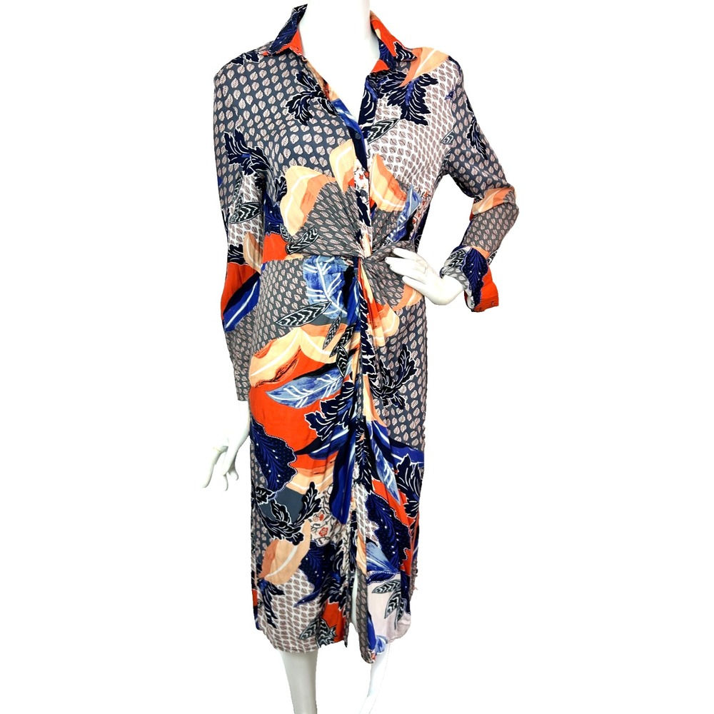 Jaase Australia Mixed Print Twisted Shirt Dress XS Orange Blue Abstract Midi EUC